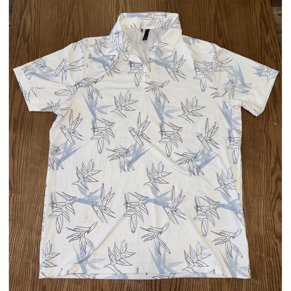 Adidas Men's Size Large Bird of Paradise Floral Performance Golf Polo White Blue